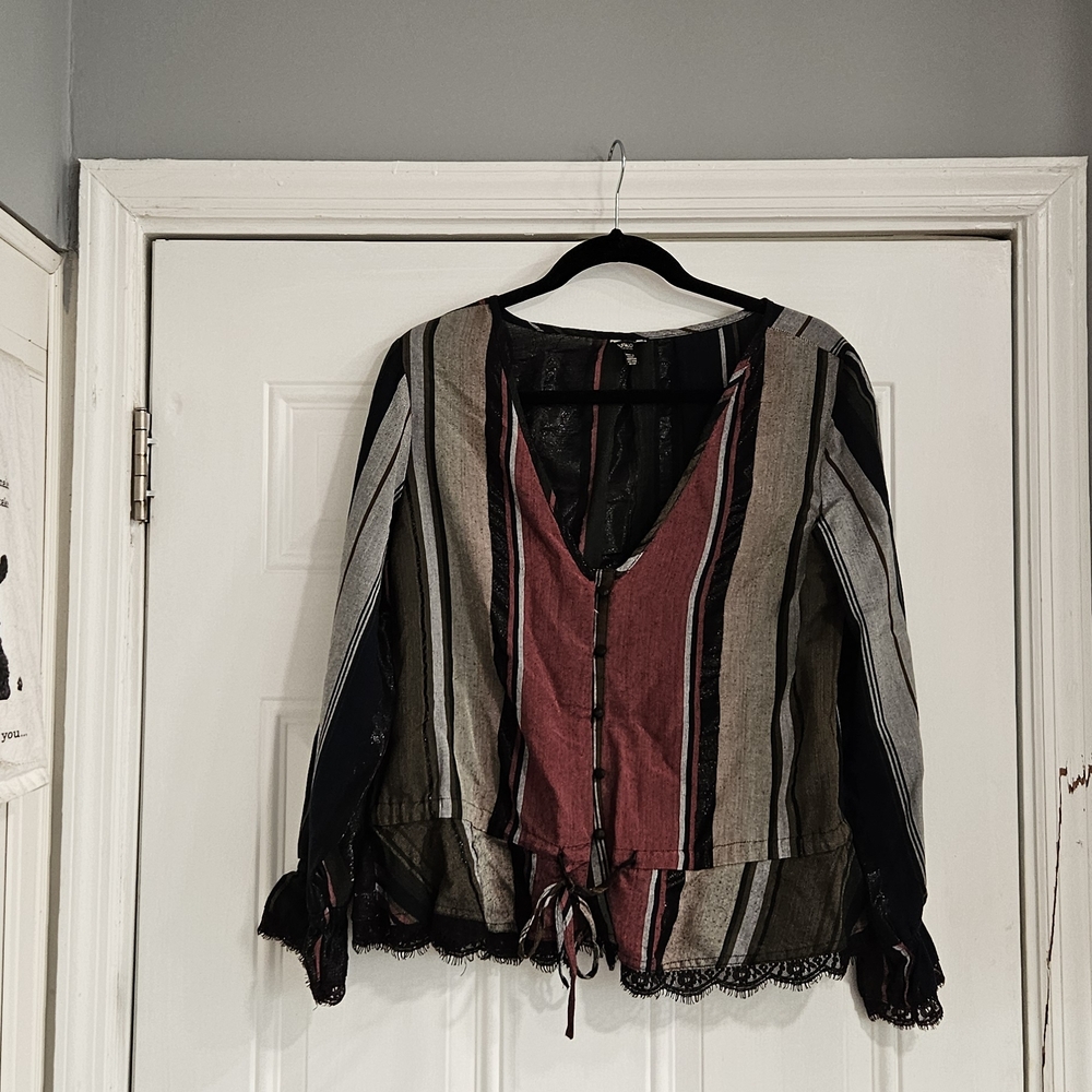 Striped V-Neck Blouse with Lace Trim